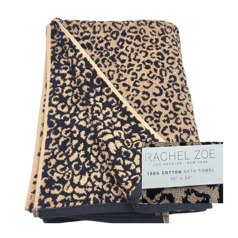Rachel Zoe Leopard Cheetah Print Cotton Bath Towel 30x56 Black Ginger  Reversibl